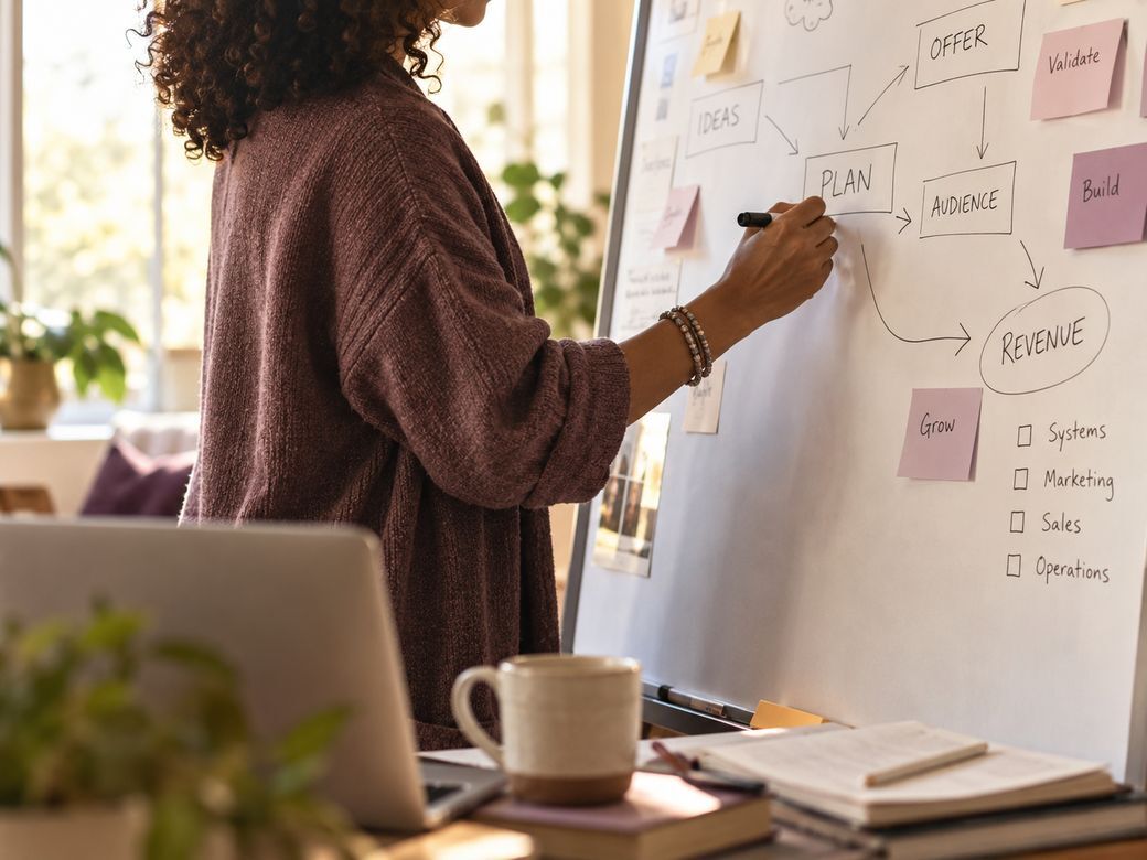 Founder mapping out her business plan on a whiteboard, translating early vision into a concrete operating plan.