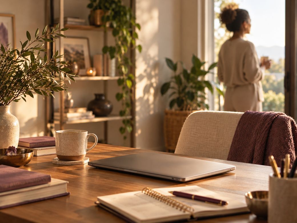 A calm, uncluttered desk in soft natural light, the everyday result of a business that runs with minimal founder oversight.